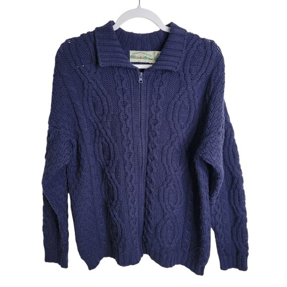 ARAN CRAFTS IRELAND 100% Merino Wool Cardigan Zip Front Sweater Hood Medium - Picture 1 of 5